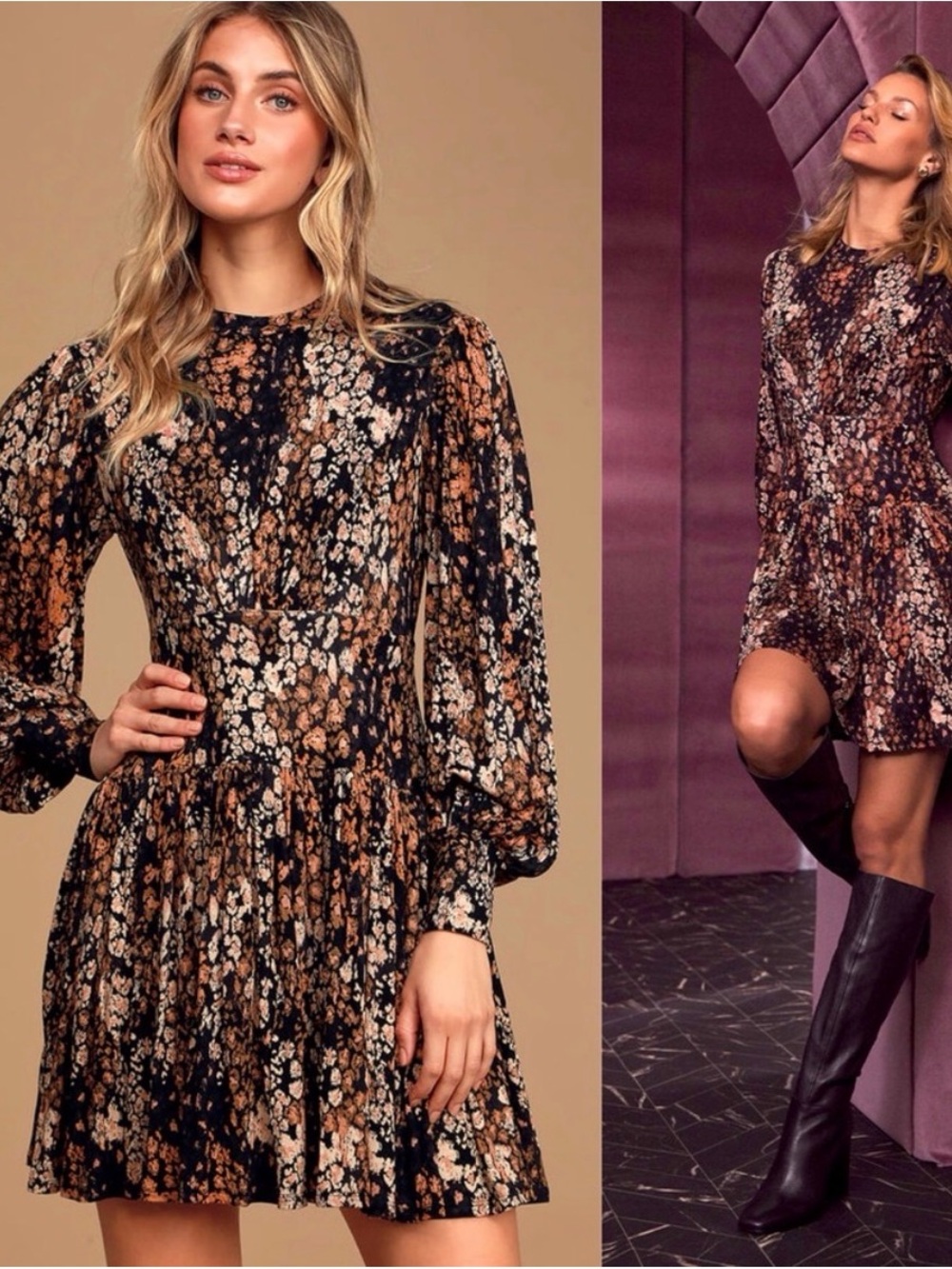 Free People Black Floral Long-Sleeve Midi Dress with Brown Accents